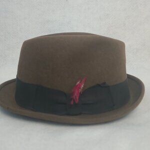 Vintage  1960s Worth & Worth Olive Brown Felt Fedora, Black Ribbon & Red Feather
